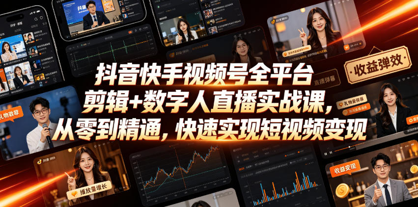 抖音快手视频号全平台剪辑+数字人直播实战课,从零到精通,快速实现短视频变现(更新2026年6月)网络赚钱,项目资源网,副业资源网,兼职项目,网赚课程-副业赚钱-互联网创业-独家轻创IP大圣网创