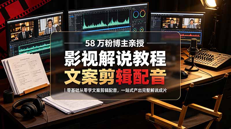 58 万粉博主荧幕春秋亲授影视解说教程｜零基础从零学文案剪辑配音，一站式产出完整解说成片网络赚钱,项目资源网,副业资源网,兼职项目,网赚课程-副业赚钱-互联网创业-独家轻创IP大圣网创
