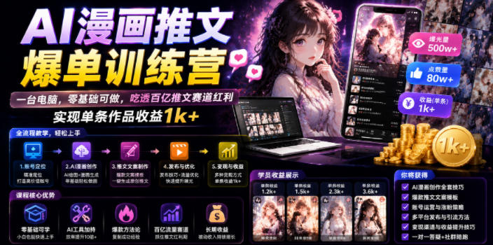 AI漫画推文爆单训练营,一台电脑,零基础可做,吃透百亿推文赛道红利,实现单条作品收益1k+网络赚钱,项目资源网,副业资源网,兼职项目,网赚课程-副业赚钱-互联网创业-独家轻创IP大圣网创