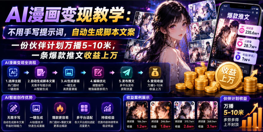 AI漫画变现教学：不用手写提示词，自动生成脚本文案，一份伙伴计划万播5-10米，一条爆款推文收益上W网络赚钱,项目资源网,副业资源网,兼职项目,网赚课程-副业赚钱-互联网创业-独家轻创IP大圣网创