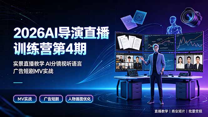2026AI导演直播训练营第4期，实景直播教学AI分镜视听语言，广告短剧MV实战，解决人物画面崩坏痛点网络赚钱,项目资源网,副业资源网,兼职项目,网赚课程-副业赚钱-互联网创业-独家轻创IP大圣网创