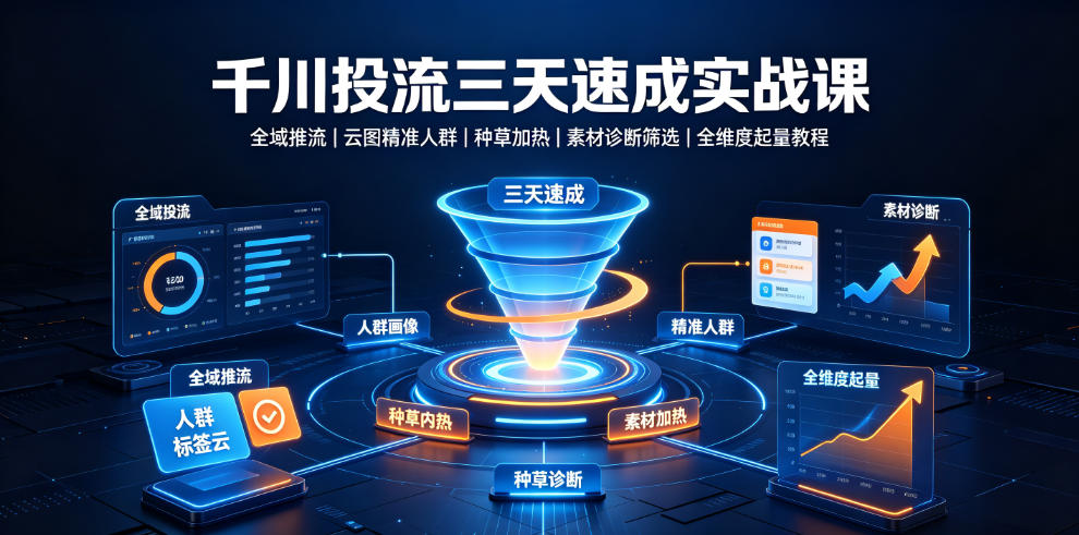 千川投流三天速成实战课|全域推流、云图精准人群、种草加热、素材诊断筛选全维度起量教程网络赚钱,项目资源网,副业资源网,兼职项目,网赚课程-副业赚钱-互联网创业-独家轻创IP大圣网创