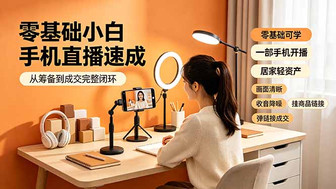 零基础小白手机直播速成，从筹备到成交完整闭环，适配苹果安卓系统，解决杂音卡顿留人难问题网络赚钱,项目资源网,副业资源网,兼职项目,网赚课程-副业赚钱-互联网创业-独家轻创IP大圣网创