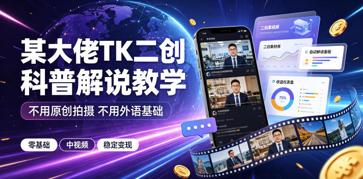 某大佬TK二创科普解说教学，不用原创拍摄不用外语基础，零基础做TikTok中视频稳定变现网络赚钱,项目资源网,副业资源网,兼职项目,网赚课程-副业赚钱-互联网创业-独家轻创IP大圣网创