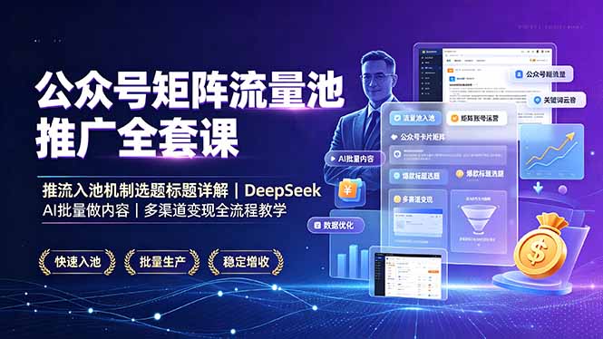 公众号矩阵流量池推广全套课,推流入池机制选题标题详解,DeepSeek AI批量做内容,多渠道变现全流程教学网络赚钱,项目资源网,副业资源网,兼职项目,网赚课程-副业赚钱-互联网创业-独家轻创IP大圣网创