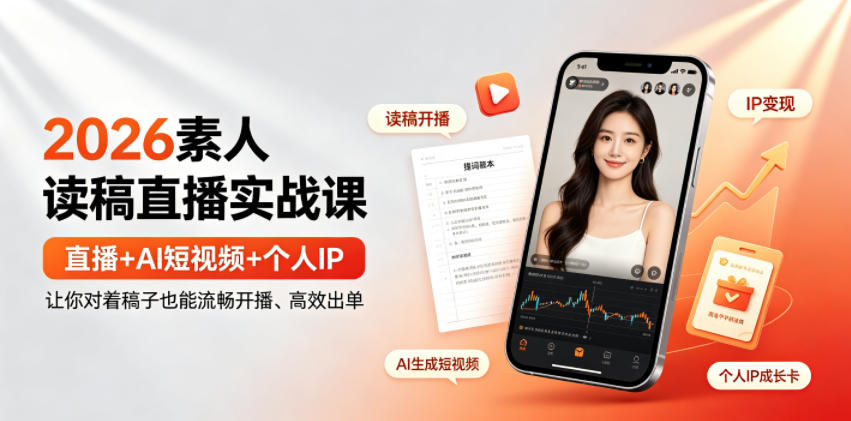 2026素人读稿直播实战课｜直播+AI短视频+个人IP，让你对着稿子也能流畅开播、高效出单网络赚钱,项目资源网,副业资源网,兼职项目,网赚课程-副业赚钱-互联网创业-独家轻创IP大圣网创