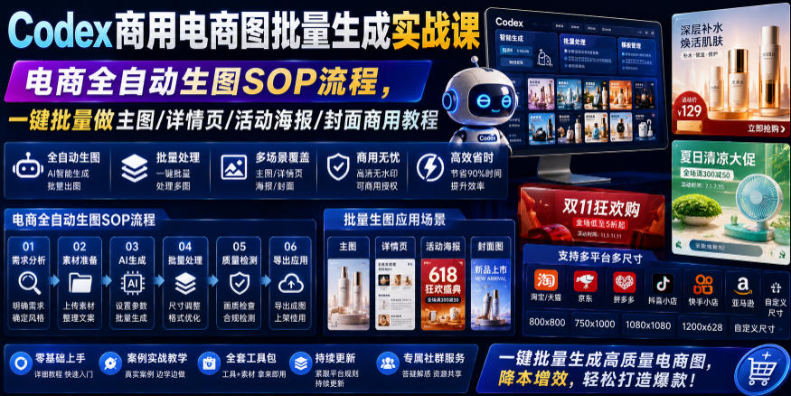 Codex商用电商图批量生成实战课|电商全自动生图SOP流程,一键批量做主图/详情页/活动海报/封面商用教程网络赚钱,项目资源网,副业资源网,兼职项目,网赚课程-副业赚钱-互联网创业-独家轻创IP大圣网创