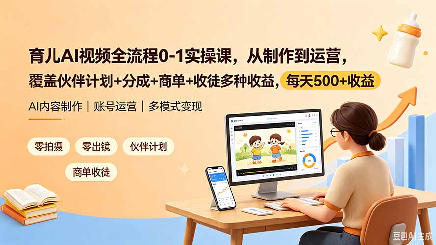 育儿AI视频全流程0-1实操课,从制作到运营,覆盖伙伴计划+分成+商单+收徒多种收益,每天500+收益网络赚钱,项目资源网,副业资源网,兼职项目,网赚课程-副业赚钱-互联网创业-独家轻创IP大圣网创