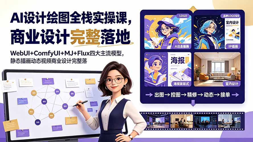 AI设计绘图全栈实操课，WebUI+ComfyUI+MJ+Flux四大主流模型，静态插画动态视频商业设计完整落地教程网络赚钱,项目资源网,副业资源网,兼职项目,网赚课程-副业赚钱-互联网创业-独家轻创IP大圣网创