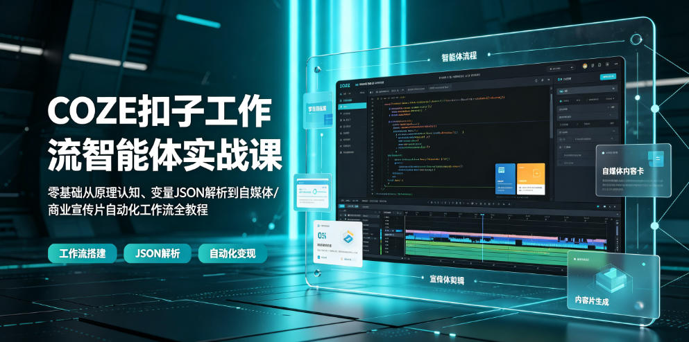 COZE扣子工作流智能体实战课｜零基础从原理认知、变量JSON解析到自媒体/商业宣传片自动化工作流全教程网络赚钱,项目资源网,副业资源网,兼职项目,网赚课程-副业赚钱-互联网创业-独家轻创IP大圣网创
