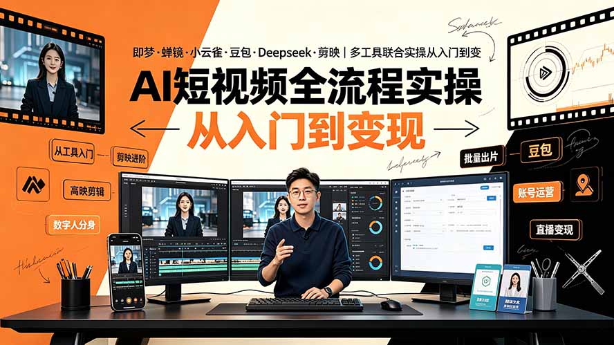 AI短视频全流程实操:即梦·蝉镜·小云雀·豆包·Deepseek·剪映|多工具联合实操从入门到变现网络赚钱,项目资源网,副业资源网,兼职项目,网赚课程-副业赚钱-互联网创业-独家轻创IP大圣网创