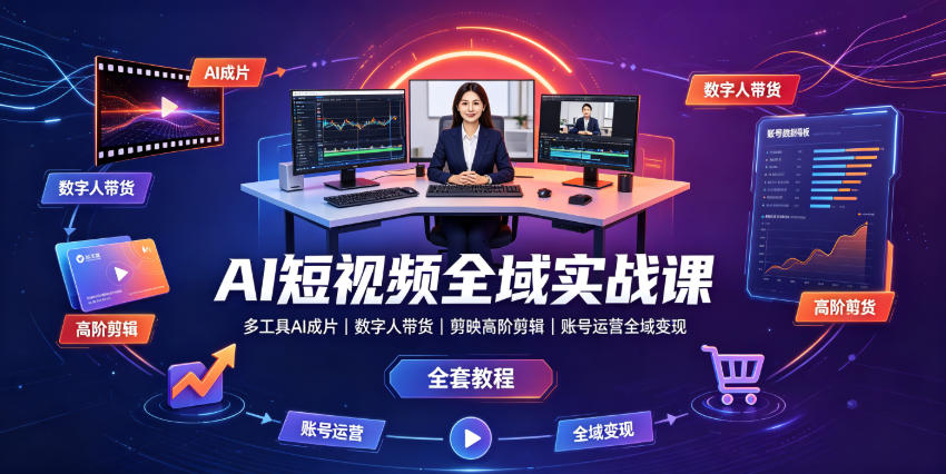 AI短视频全域实战课｜多工具AI成片、数字人带货、剪映高阶剪辑、账号运营全域变现全套教程网络赚钱,项目资源网,副业资源网,兼职项目,网赚课程-副业赚钱-互联网创业-独家轻创IP大圣网创