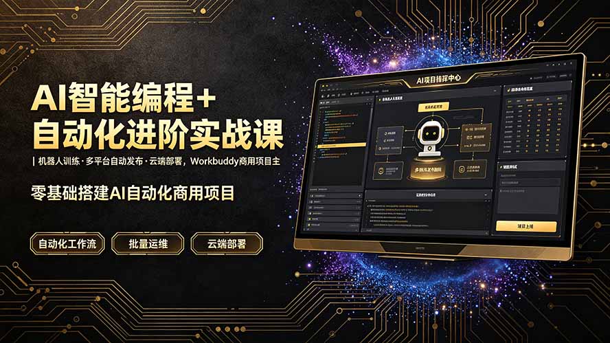 AI智能编程+自动化进阶实战课｜机器人训练·多平台自动发布·云端部署，Workbuddy商用项目全流程教学网络赚钱,项目资源网,副业资源网,兼职项目,网赚课程-副业赚钱-互联网创业-独家轻创IP大圣网创