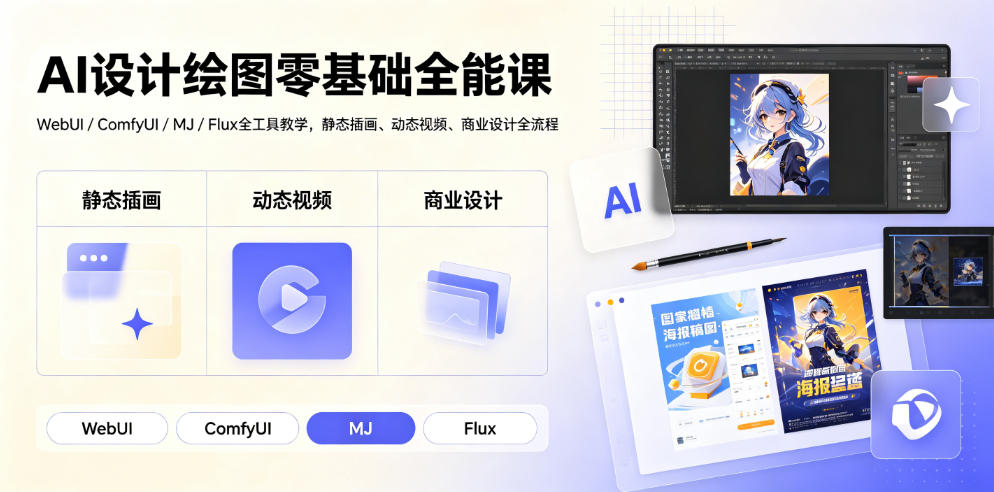 AI设计绘图零基础全能课｜WebUI/ComfyUI/MJ/Flux全工具教学，静态插画、动态视频、商业设计全流程网络赚钱,项目资源网,副业资源网,兼职项目,网赚课程-副业赚钱-互联网创业-独家轻创IP大圣网创