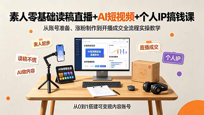 素人零基础读稿直播+AI短视频+个人IP搞钱课，从账号准备、涨粉制作到开播成交全流程实操教学网络赚钱,项目资源网,副业资源网,兼职项目,网赚课程-副业赚钱-互联网创业-独家轻创IP大圣网创