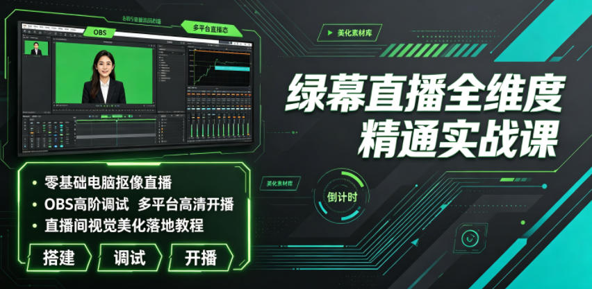 绿幕直播全维度精通实战课｜零基础电脑抠像直播、OBS高阶调试、多平台高清开播、直播间视觉美化落地教程网络赚钱,项目资源网,副业资源网,兼职项目,网赚课程-副业赚钱-互联网创业-独家轻创IP大圣网创