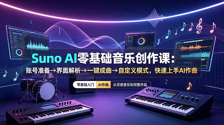 Suno AI零基础音乐创作课:账号准备→界面解析→一键成曲→自定义模式,快速上手AI作曲网络赚钱,项目资源网,副业资源网,兼职项目,网赚课程-副业赚钱-互联网创业-独家轻创IP大圣网创