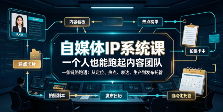 自媒体IP系统课，一个人也能跑起内容团队，一条链路跑通，从定位、热点、表达、生产到发布托管网络赚钱,项目资源网,副业资源网,兼职项目,网赚课程-副业赚钱-互联网创业-独家轻创IP大圣网创