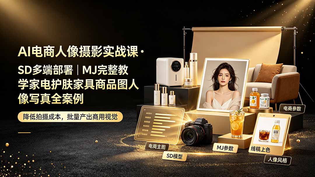 AI电商人像摄影实战课·SD多端部署|MJ完整教学|家电护肤家具商品图人像写真全案例网络赚钱,项目资源网,副业资源网,兼职项目,网赚课程-副业赚钱-互联网创业-独家轻创IP大圣网创