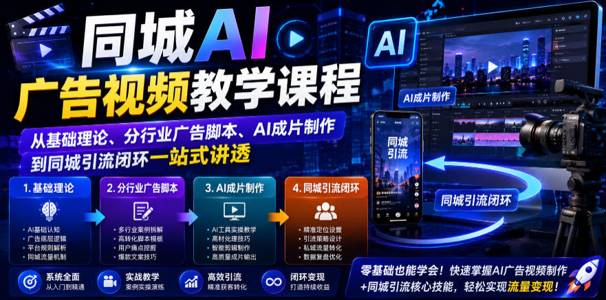 同城AI广告视频教学课程,从基础理论、分行业广告脚本、AI成片制作到同城引流闭环一站式讲透网络赚钱,项目资源网,副业资源网,兼职项目,网赚课程-副业赚钱-互联网创业-独家轻创IP大圣网创
