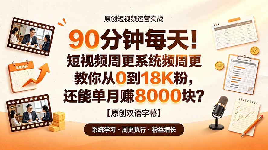 90 分钟每天！短视频周更系统教你从 0 到 18K 粉，还能单月赚 8000 块？【原创双语字幕】网络赚钱,项目资源网,副业资源网,兼职项目,网赚课程-副业赚钱-互联网创业-独家轻创IP大圣网创
