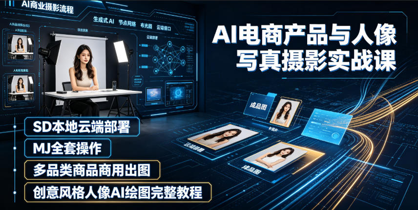 AI电商产品与人像写真摄影实战课｜SD本地云端部署、MJ全套操作、多品类商品商用出图、创意风格人像AI绘图完整教程网络赚钱,项目资源网,副业资源网,兼职项目,网赚课程-副业赚钱-互联网创业-独家轻创IP大圣网创