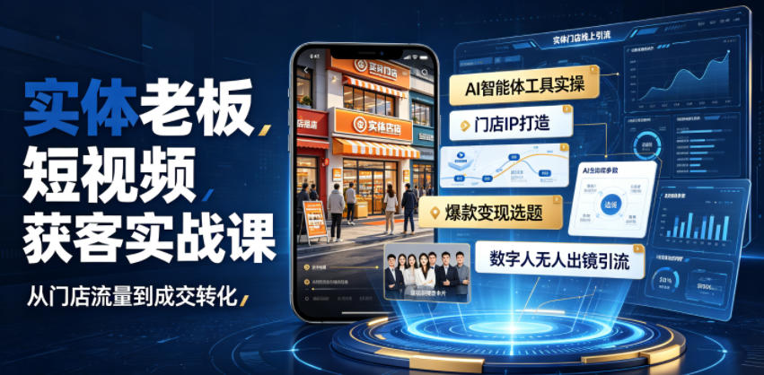 实体老板短视频获客实战课｜AI智能体工具全套实操、门店IP打造、爆款变现选题、数字人无人出镜引流完整教程网络赚钱,项目资源网,副业资源网,兼职项目,网赚课程-副业赚钱-互联网创业-独家轻创IP大圣网创