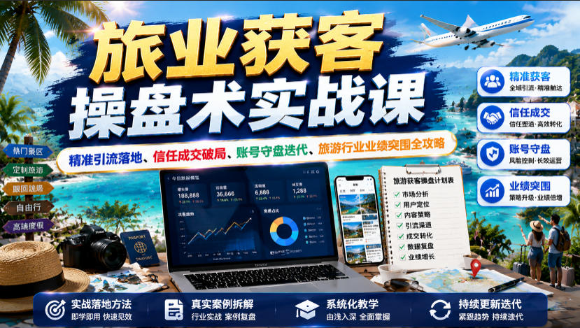旅业获客操盘术实战课|精准引流落地、信任成交破局、账号守盘迭代、旅游行业业绩突围全攻略网络赚钱,项目资源网,副业资源网,兼职项目,网赚课程-副业赚钱-互联网创业-独家轻创IP大圣网创
