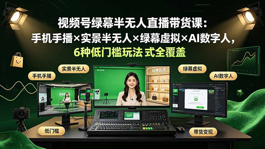 视频号绿幕半无人直播带货课:手机手播×实景半无人×绿幕虚拟×AI数字人,6种低门槛玩法全覆盖网络赚钱,项目资源网,副业资源网,兼职项目,网赚课程-副业赚钱-互联网创业-独家轻创IP大圣网创