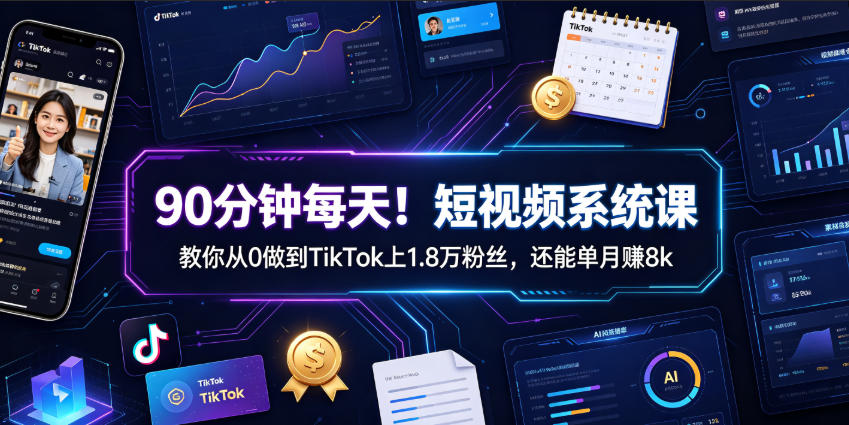 90分钟每天!短视频系统课教你从0做到TikTok上1.8万粉丝,还能单月賺8k【原创双语字幕】网络赚钱,项目资源网,副业资源网,兼职项目,网赚课程-副业赚钱-互联网创业-独家轻创IP大圣网创