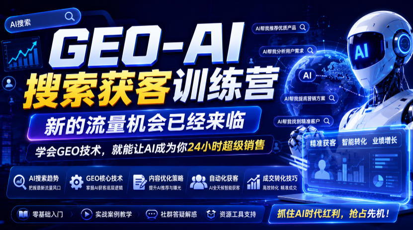 GEO-AI搜索获客训练营,新的流量机会已经来临,学会GEO技术,就能让AI成为你24小时超级销售网络赚钱,项目资源网,副业资源网,兼职项目,网赚课程-副业赚钱-互联网创业-独家轻创IP大圣网创