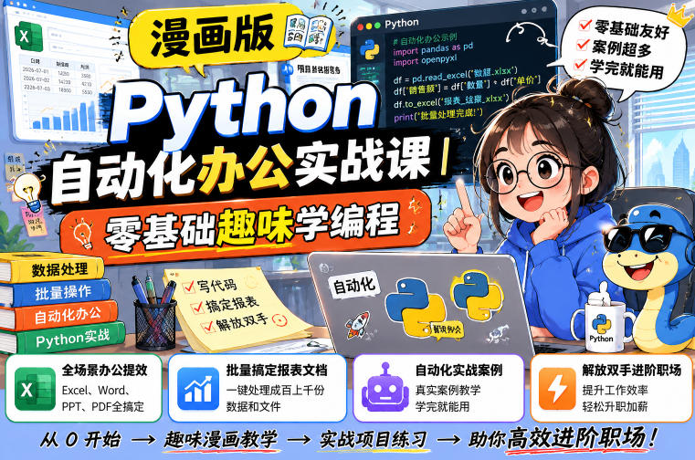 漫画版Python自动化办公实战课|零基础趣味学编程,全场景办公提效、批量搞定报表文档、解放双手进阶职场网络赚钱,项目资源网,副业资源网,兼职项目,网赚课程-副业赚钱-互联网创业-独家轻创IP大圣网创