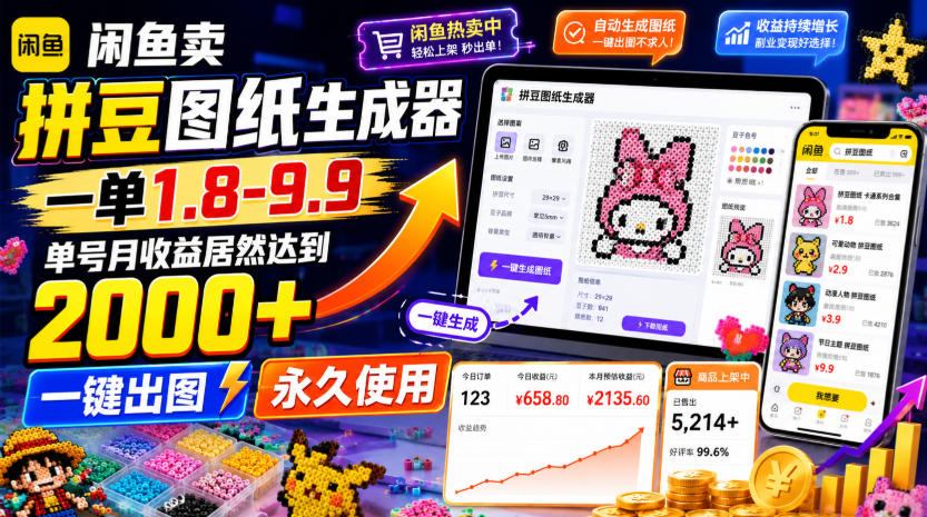闲鱼卖拼豆图纸生成器,一单1.8-9.9,单号月收益居然达到2000+一键出图永久使用网络赚钱,项目资源网,副业资源网,兼职项目,网赚课程-副业赚钱-互联网创业-独家轻创IP大圣网创