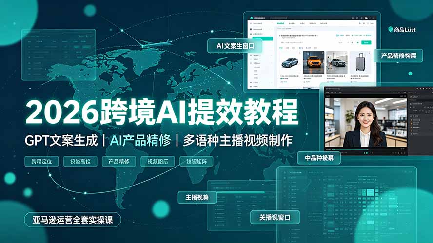 2026跨境AI提效教程·GPT文案生成｜AI产品精修｜多语种主播视频制作，亚马逊运营全套实操课网络赚钱,项目资源网,副业资源网,兼职项目,网赚课程-副业赚钱-互联网创业-独家轻创IP大圣网创