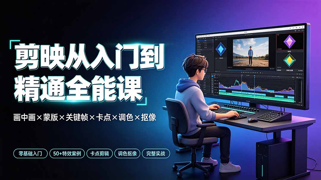 剪映从入门到精通全能课:画中画×蒙版×关键帧×卡点×调色×抠像,一站式掌握剪辑核心技能网络赚钱,项目资源网,副业资源网,兼职项目,网赚课程-副业赚钱-互联网创业-独家轻创IP大圣网创