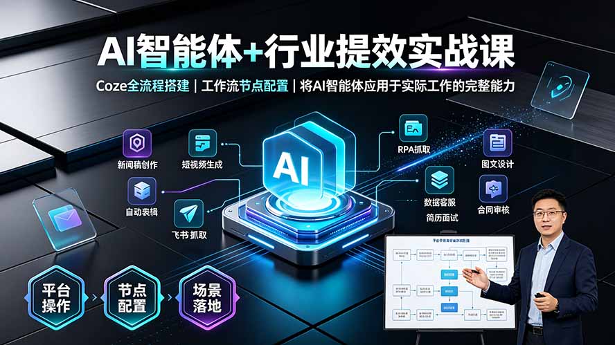AI智能体+行业提效实战课·Coze全流程搭建｜工作流节点配置｜将AI智能体应用于实际工作的完整能力网络赚钱,项目资源网,副业资源网,兼职项目,网赚课程-副业赚钱-互联网创业-独家轻创IP大圣网创