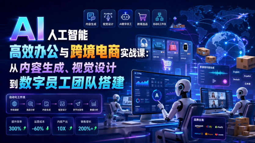 AI人工智能高效办公与跨境电商实战课:从内容生成、视觉设计到数字员工团队搭建网络赚钱,项目资源网,副业资源网,兼职项目,网赚课程-副业赚钱-互联网创业-独家轻创IP大圣网创