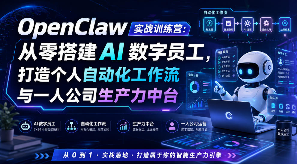 OpenClaw实战训练营:从零搭建AI数字员工,打造个人自动化工作流与一人公司生产力中台网络赚钱,项目资源网,副业资源网,兼职项目,网赚课程-副业赚钱-互联网创业-独家轻创IP大圣网创
