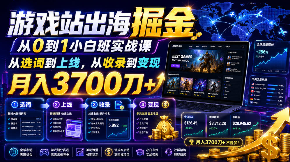 游戏站出海掘金从0到1小白实战课,从选词到上线,从收录到变现,月入3700刀+网络赚钱,项目资源网,副业资源网,兼职项目,网赚课程-副业赚钱-互联网创业-独家轻创IP大圣网创