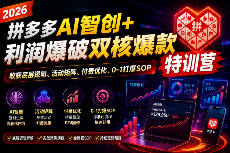 2026拼多多AI智创+利润爆破双核爆款特训营，收获底层逻辑、活动矩阵、付费优化、0-1打爆SOP网络赚钱,项目资源网,副业资源网,兼职项目,网赚课程-副业赚钱-互联网创业-独家轻创IP大圣网创