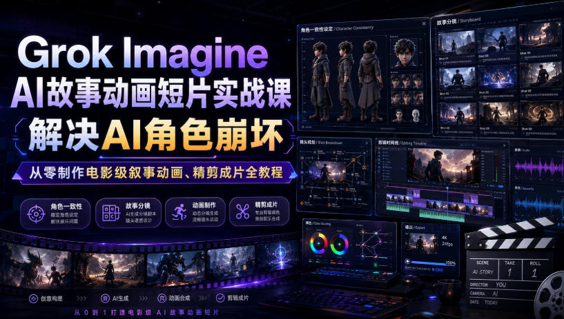 Grok Imagine AI故事动画短片实战课｜解决AI角色崩坏，从零制作电影级叙事动画、精剪成片全教程(中英字幕)网络赚钱,项目资源网,副业资源网,兼职项目,网赚课程-副业赚钱-互联网创业-独家轻创IP大圣网创