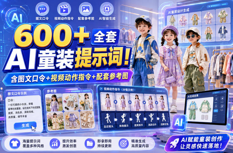 600+全套AI童装提示词！含图文口令+视频动作指令+配套参考图，Word-Excel规整分类，童装电商、种草无脑量产内容！网络赚钱,项目资源网,副业资源网,兼职项目,网赚课程-副业赚钱-互联网创业-独家轻创IP大圣网创