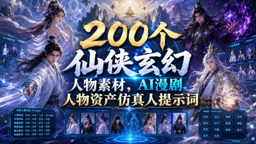 200个仙侠玄幻人物素材，AI漫剧人物资产仿真人提示词网络赚钱,项目资源网,副业资源网,兼职项目,网赚课程-副业赚钱-互联网创业-独家轻创IP大圣网创