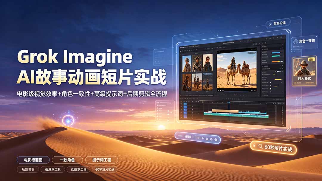 Grok Imagine AI故事动画短片实战：电影级视觉效果+角色一致性+高级提示词+后期剪辑全流程网络赚钱,项目资源网,副业资源网,兼职项目,网赚课程-副业赚钱-互联网创业-独家轻创IP大圣网创