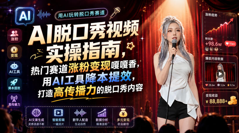 AI脱口秀视频实操指南，热门赛道涨粉变现嘎嘎香，用AI工具降本提效，打造高传播力的脱口秀内容网络赚钱,项目资源网,副业资源网,兼职项目,网赚课程-副业赚钱-互联网创业-独家轻创IP大圣网创