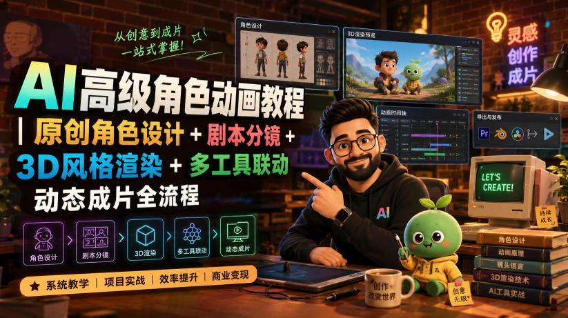 AI高级角色动画教程｜原创角色设计+剧本分镜+3D风格渲染+多工具联动动态成片全流程【中英字幕】网络赚钱,项目资源网,副业资源网,兼职项目,网赚课程-副业赚钱-互联网创业-独家轻创IP大圣网创