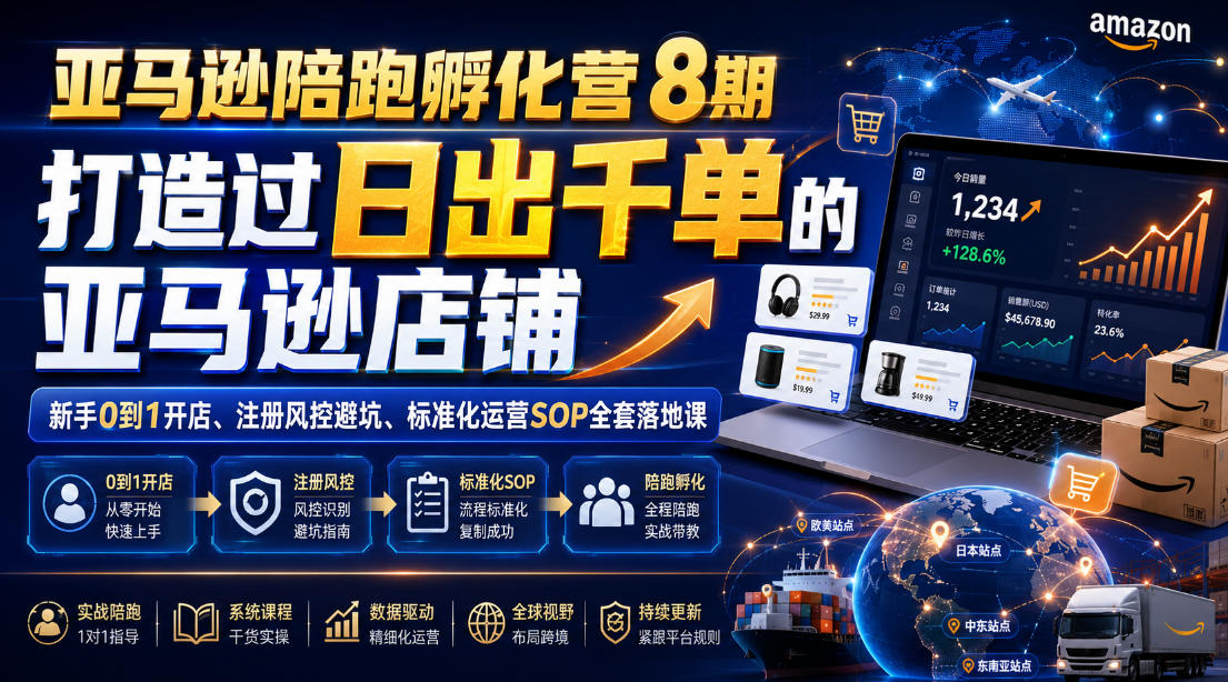 亚马逊陪跑孵化营8期，打造过日出千单的亚马逊店铺，新手0到1开店、注册风控避坑、标准化运营SOP全套落地课网络赚钱,项目资源网,副业资源网,兼职项目,网赚课程-副业赚钱-互联网创业-独家轻创IP大圣网创