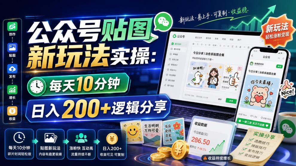 公众号贴图新玩法实操，每天10分钟，日入200+逻辑分享网络赚钱,项目资源网,副业资源网,兼职项目,网赚课程-副业赚钱-互联网创业-独家轻创IP大圣网创