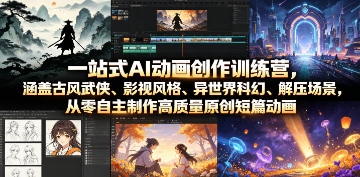 一站式AI动画创作训练营，涵盖古风武侠、影视风格、异世界科幻、解压场景，从零自主制作高质量原创短篇动画(更新)网络赚钱,项目资源网,副业资源网,兼职项目,网赚课程-副业赚钱-互联网创业-独家轻创IP大圣网创