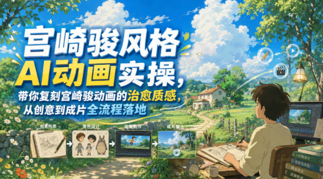 宫崎骏风格AI动画实操，带你复刻宫崎骏动画的治愈质感，从创意到成片全流程落地网络赚钱,项目资源网,副业资源网,兼职项目,网赚课程-副业赚钱-互联网创业-独家轻创IP大圣网创
